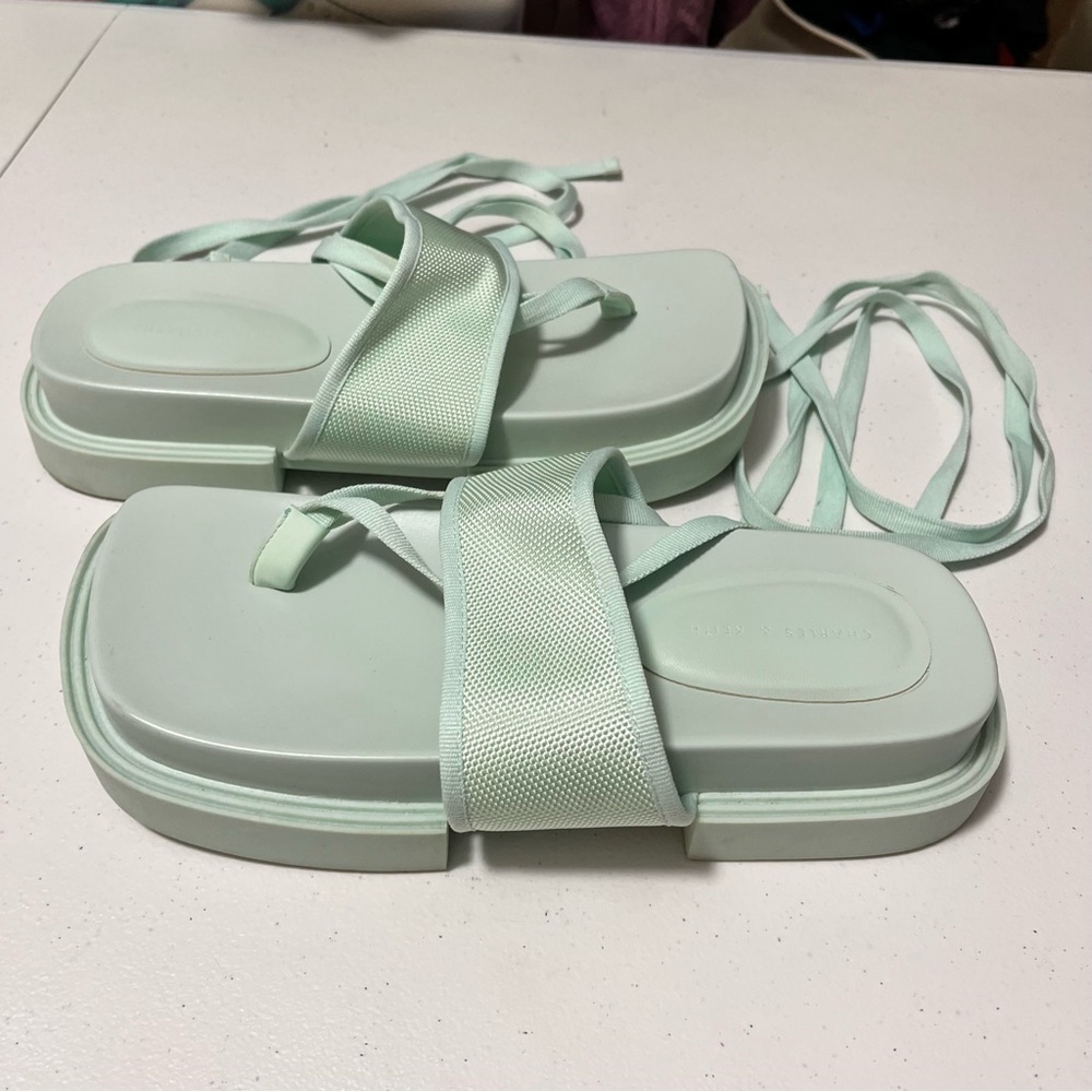Charles & Keith Mint Green Platform Thong Sandals with Ankle Ties - Picture 4 of 11